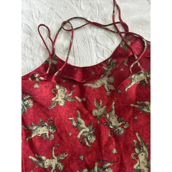 Vtg Satin And Beaux Sleepwear Women's L Large Red Cupid Slip Night Gown Bias Cut - Picture 10 of 10